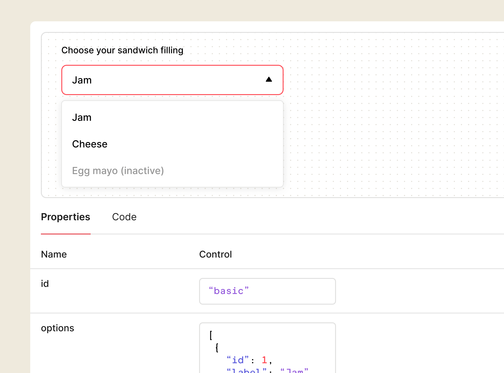Dropdown menu for selecting sandwich fillings, featuring options like Jam and Cheese, with Egg Mayo marked as inactive. The interface includes properties and code sections for easy customization.