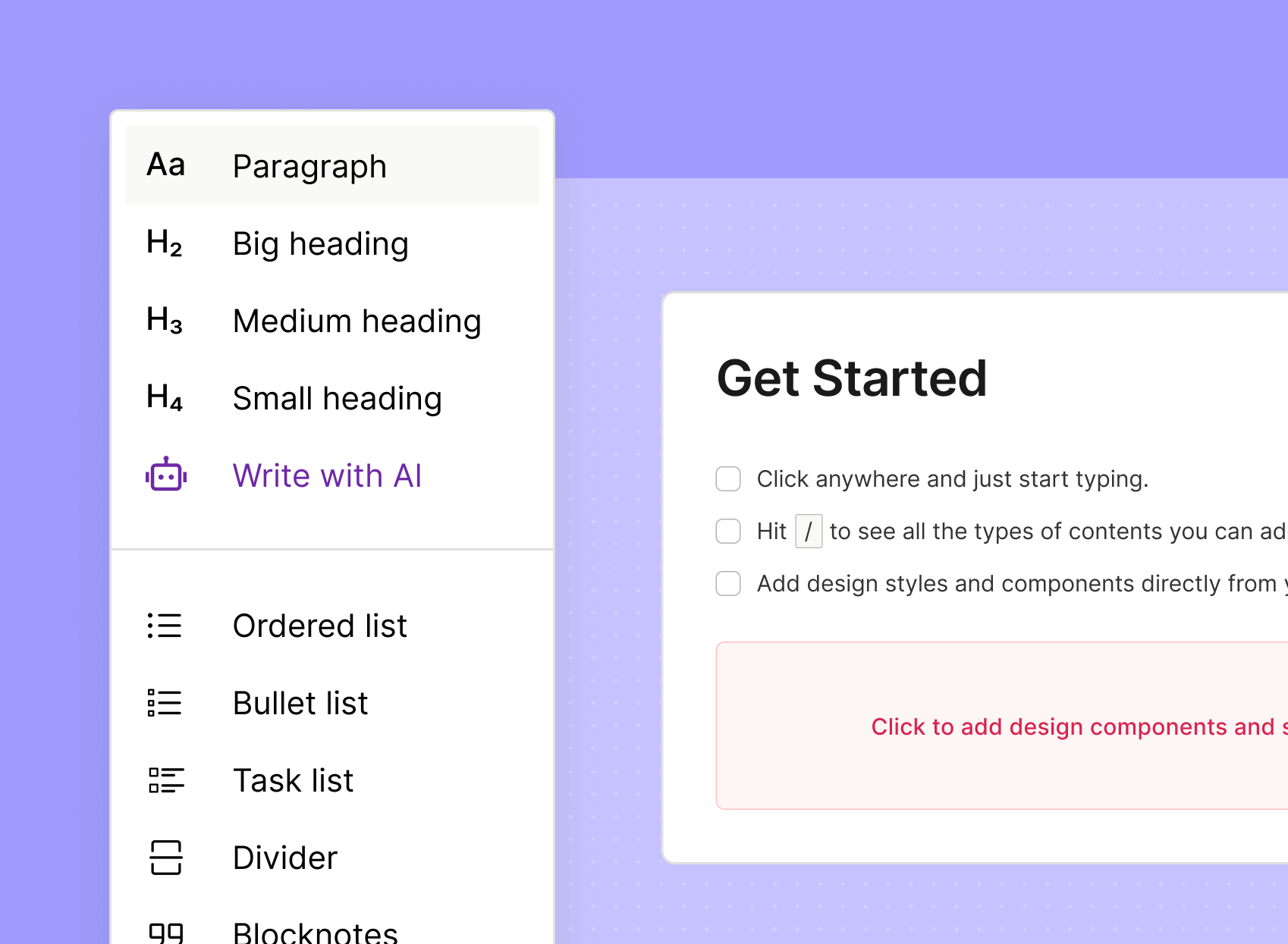 User interface showcasing text formatting options and a "Get Started" guide for content creation, featuring headings, lists, and AI writing assistance on a purple background.
