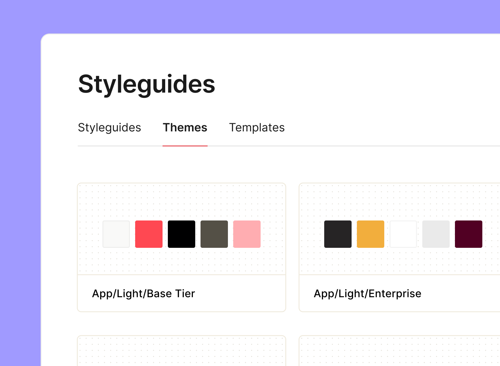 Styleguides interface displaying color themes for app design, featuring options for Base Tier and Enterprise Tier with various color palettes.