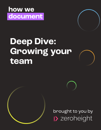 Cover image for a guide titled "Deep Dive: Growing your team," presented by Zeroheight, featuring a modern design with colorful circles on a dark background.