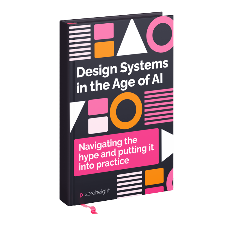 Book cover for "Design Systems in the Age of AI" by Zeroheight, featuring bold geometric shapes and vibrant colors. The text highlights practical insights for implementing design systems influenced by artificial intelligence.