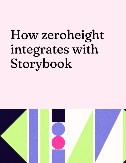 Graphic illustration showcasing the integration of zeroheight with Storybook, featuring bold geometric shapes and a modern design aesthetic. The text highlights the collaboration between these two platforms, emphasizing their functionality for developers and designers.