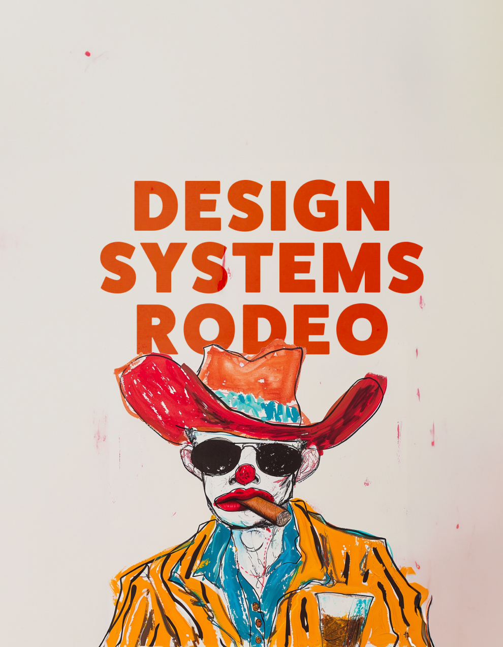 Illustration of a clown cowboy wearing sunglasses and a large red hat, with a cigar in his mouth, alongside the bold text "DESIGN SYSTEMS RODEO." The artwork combines vibrant colors and playful elements, emphasizing creativity in design systems.