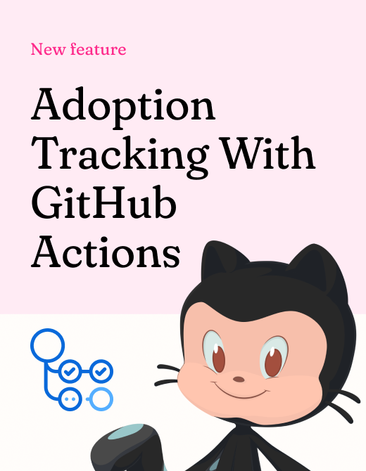 Image promoting a new feature for GitHub Actions, focusing on "Adoption Tracking." The design includes a cartoon character associated with GitHub and visual elements representing tracking and automation.
