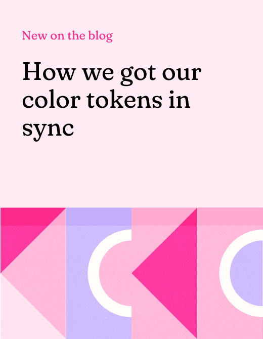 Blog post announcement about synchronizing color tokens, featuring colorful geometric shapes and a pink background.
