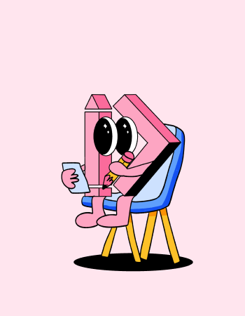 A cartoon character resembling the letter "L" with large eyes, sitting on a blue chair while holding a smartphone and a pencil, against a pink background.