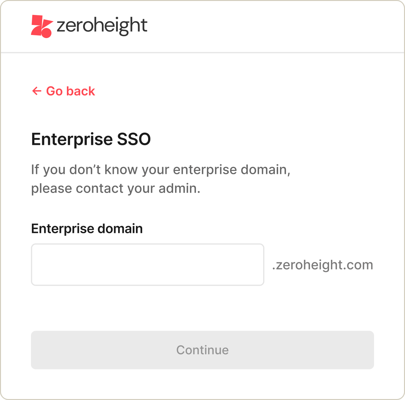 Enterprise Single Sign-On (SSO) login screen for Zeroheight, prompting users to enter their enterprise domain with a note to contact their admin if unknown.