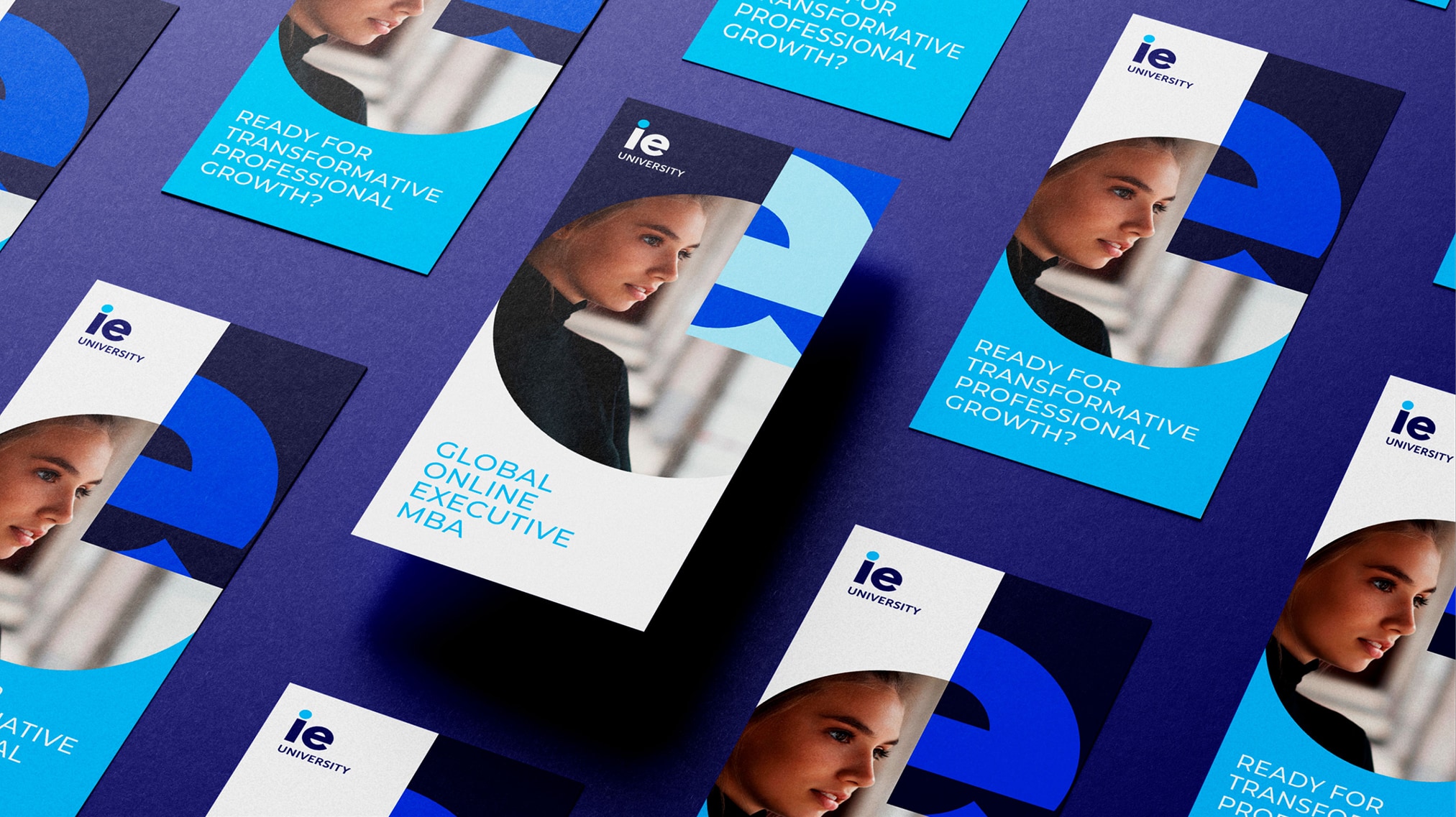 Promotional materials for IE University featuring the Global Online Executive MBA program, highlighting transformative professional growth with modern graphic design elements and a professional image of a student.