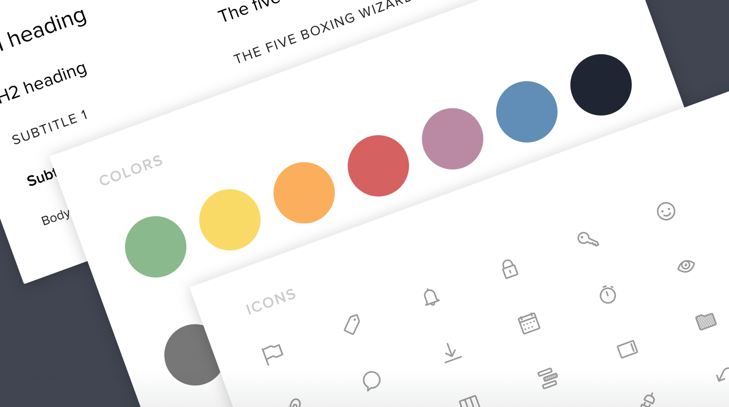 Design layout featuring text headings, color palette with eight distinct colors, and a collection of minimalist icons, illustrating elements for a modern user interface.