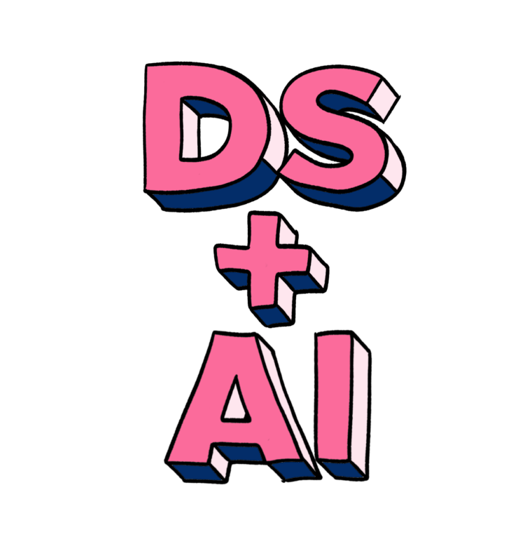 Colorful graphic featuring the text "DS + AI" in bold, playful typography, representing the integration of data science and artificial intelligence.