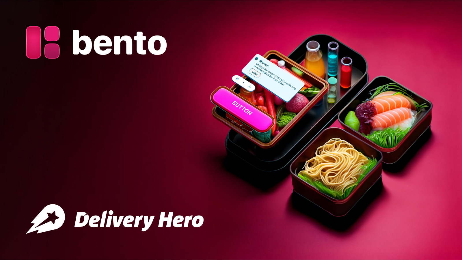 Bento boxes featuring a variety of colorful foods, including sushi, noodles, fruits, and drinks, with the logos of Bento and Delivery Hero prominently displayed.