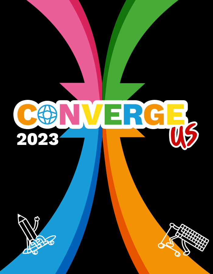 Colorful logo for Converge US 2023 featuring vibrant arrows and icons representing creativity and innovation, set against a black background.
