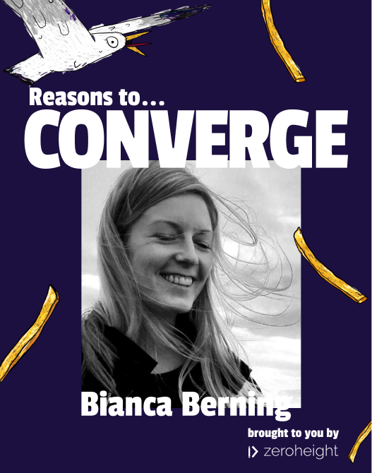 Image of Bianca Berning smiling against a windy backdrop, promoting the event "Reasons to Converge," presented by Zeroheight, featuring a colorful design with a bird illustration and vibrant background.