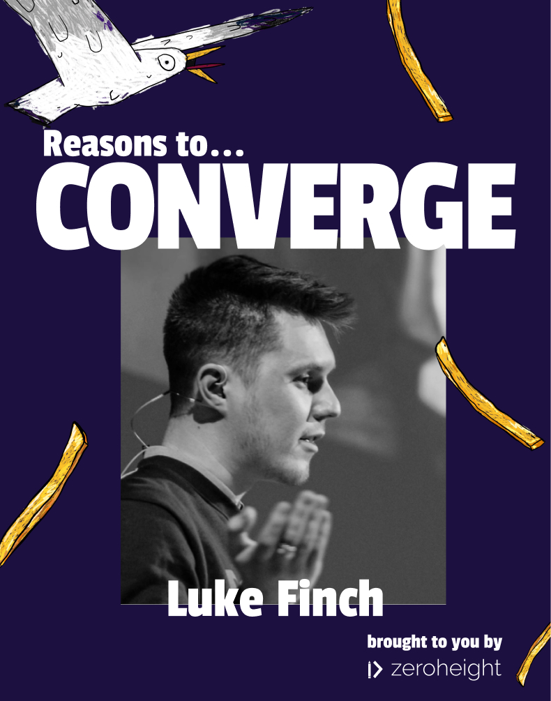 Image of Luke Finch speaking at an event titled "Reasons to Converge," featuring a graphic design with a bird illustration and branding from Zeroheight. The background is dark purple with bold white text emphasizing the event's theme.