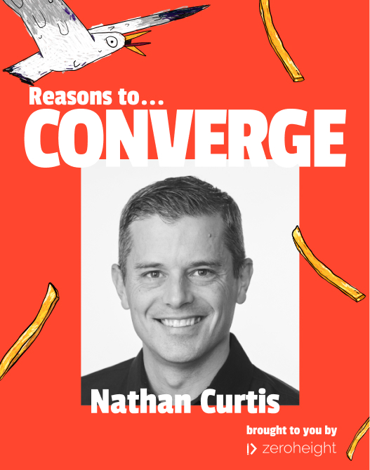 Portrait of Nathan Curtis promoting the event "Reasons to Converge," featuring a vibrant red background with playful illustrations, highlighting the collaboration theme brought to you by Zeroheight.