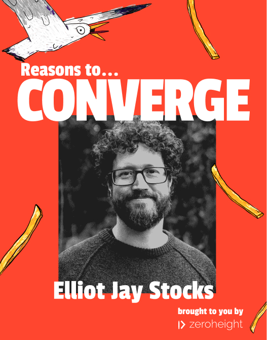 Portrait of Elliot Jay Stocks against a vibrant red background with playful graphics, promoting the "Reasons to Converge" event by Zeroheight.