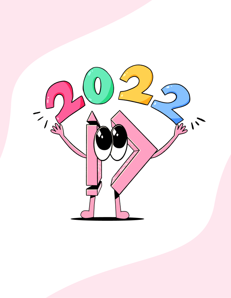 Colorful cartoon character holding the numbers 2022 and 2023, with a playful expression, set against a soft pink background, symbolizing the transition between the two years.