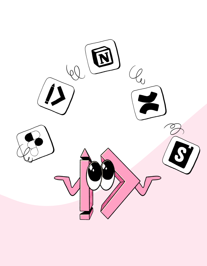 Colorful illustration of a cartoon character juggling icons representing various productivity and collaboration tools, including Notion, Slack, and others, against a pink and white background.