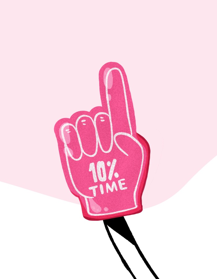 Pink foam finger with the text "10% TIME" raised against a soft pink background, symbolizing support or enthusiasm for a cause or event.