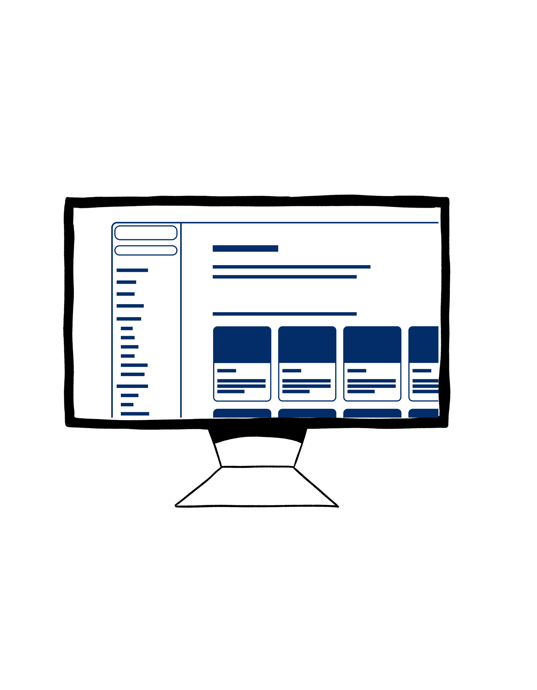 Illustration of a computer monitor displaying a web interface with a sidebar menu and content cards, representing digital design and user experience concepts.