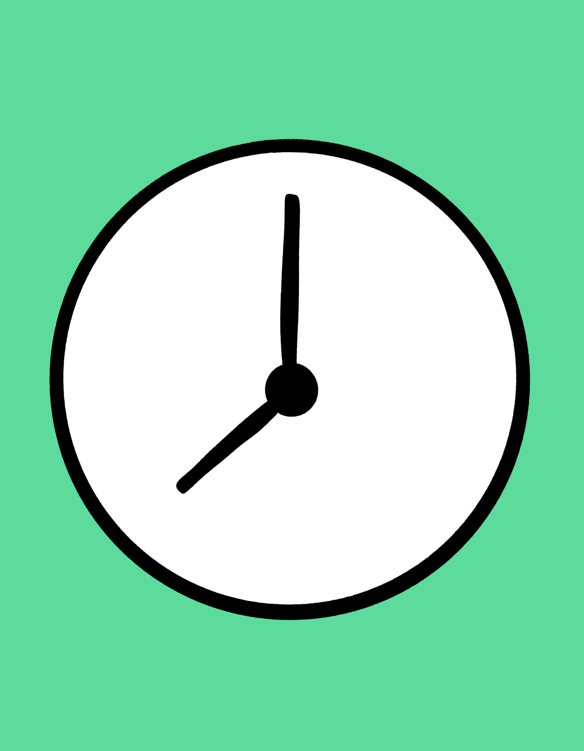 Simple clock illustration on a mint green background, featuring black hour and minute hands, representing time management and productivity concepts.