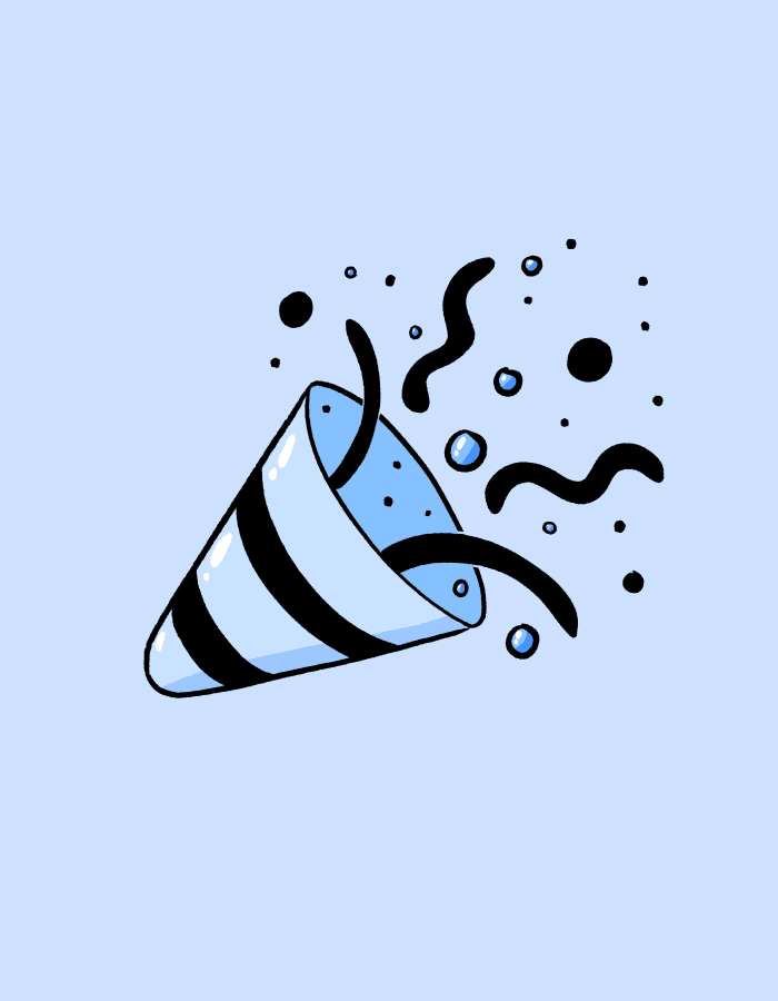 Colorful party hat with blue and black stripes, surrounded by confetti and streamers on a light blue background, symbolizing celebration and festive occasions.