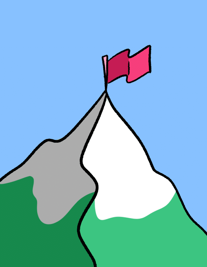 Illustration of a mountain peak with a red flag on top, surrounded by green hills and a clear blue sky, symbolizing achievement and adventure.