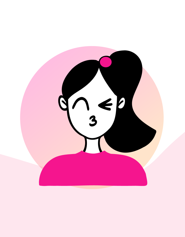 Illustration of a smiling girl with a wink, wearing a pink top, set against a soft gradient background. The design features a playful and cheerful expression, ideal for conveying positivity and fun.