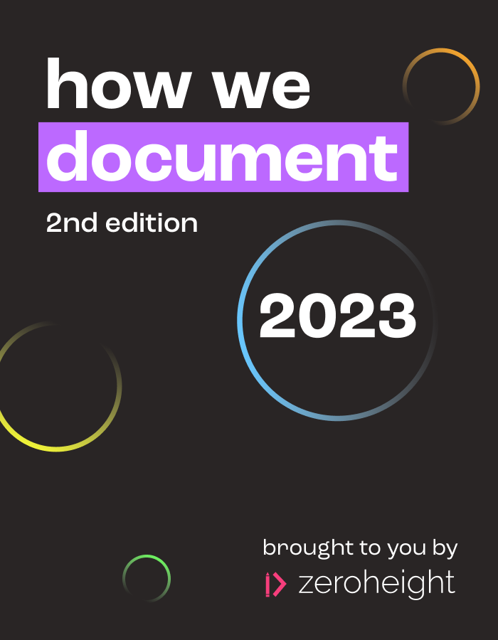 Cover of "How We Document, 2nd Edition, 2023" by Zeroheight, featuring a modern design with a dark background and colorful circles, emphasizing documentation best practices.