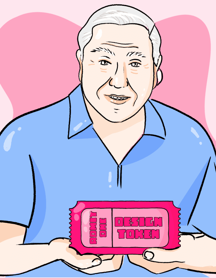 Illustration of a smiling older man holding a pink ticket labeled "ADMIT ONE DESIGN TOKEN," set against a soft pink background. The image highlights themes of creativity and design, making it suitable for discussions around design tokens in digital projects.