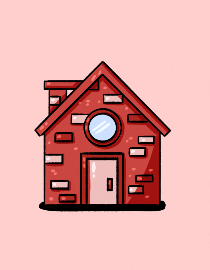 Illustration of a cartoon-style red house with a round window and brick detailing, set against a pink background. Perfect for home-related content or design themes.