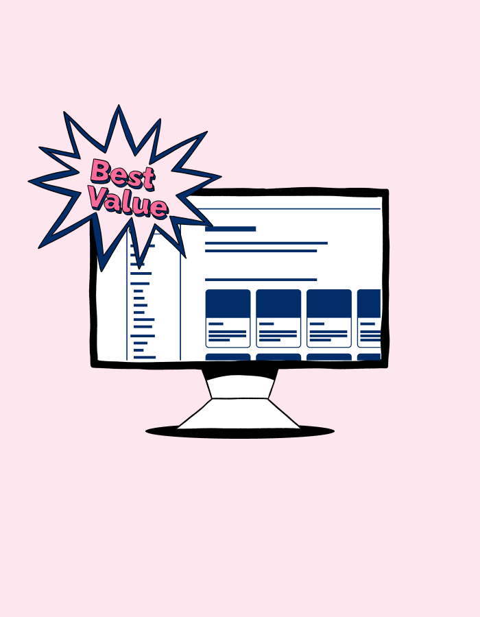 Illustration of a computer monitor displaying a webpage with a "Best Value" graphic, set against a pink background. The screen features a list and several card-like sections, emphasizing value and user-friendly design.