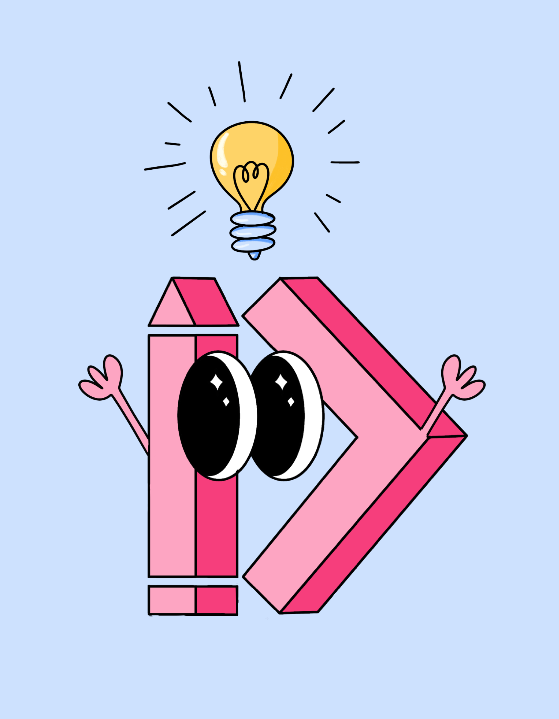 Cartoon illustration of a pink crayon character with large eyes and arms, holding a light bulb above its head, symbolizing creativity and ideas, set against a light blue background.