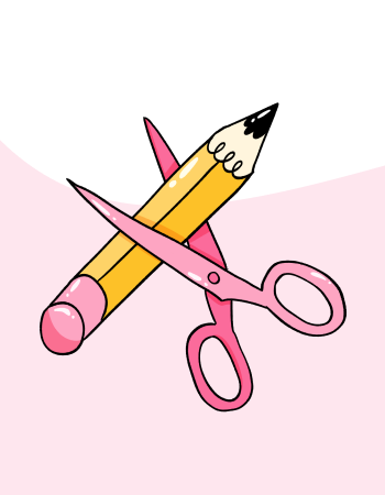 Illustration of a pink pair of scissors and a yellow pencil crossing each other, set against a soft pink background, symbolizing creativity and crafting.