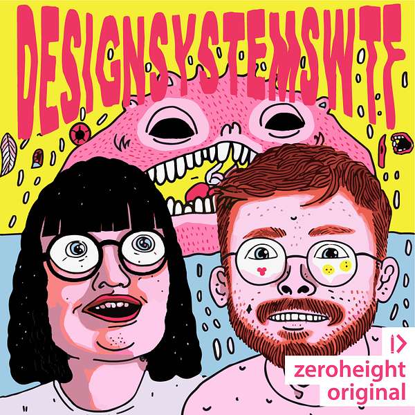 Colorful illustration featuring two individuals with glasses, expressing surprise, against a vibrant yellow background. The text "DESIGNSYSTEMSWTF" is prominently displayed, accompanied by whimsical elements and a cartoonish character with a large mouth in the background. This image represents a creative discussion or content related to design systems.