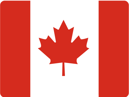 Canadian flag featuring a red field with a white square at the center, displaying a stylized red maple leaf.