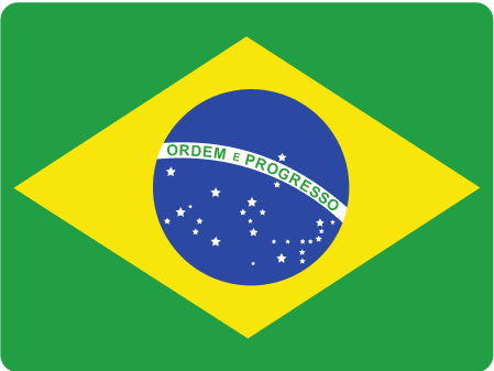 Flag of Brazil featuring a green background, a yellow diamond, and a blue circle with white stars and the motto "Ordem e Progresso."