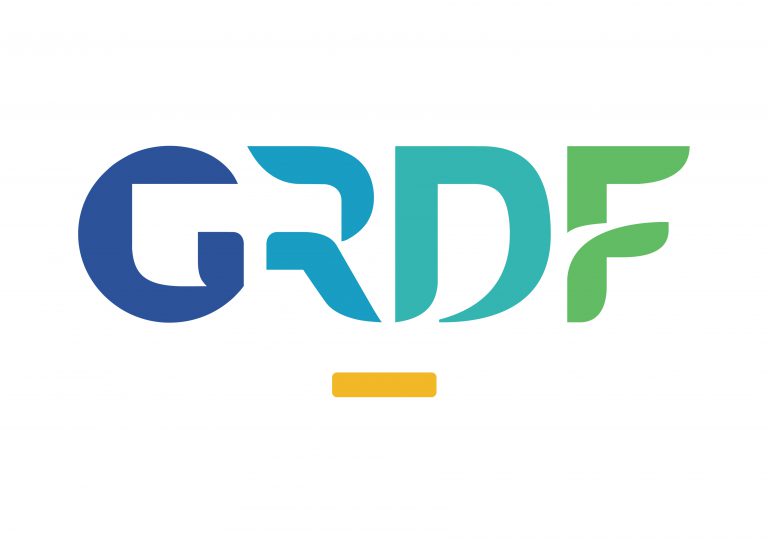 Logo design featuring the letters "GRDF" in a modern, stylized font with blue, teal, and green colors, and a yellow accent line below. Suitable for branding and corporate identity.