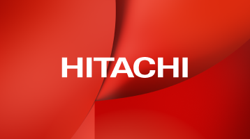 Red abstract background featuring the white text "HITACHI," a global leader in technology and innovation.
