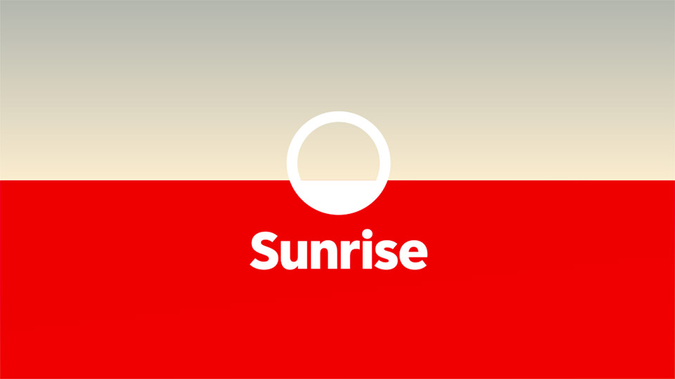 Logo design for Sunrise featuring a circular symbol above the word "Sunrise" in bold white text against a red background, with a gradient sky color above.