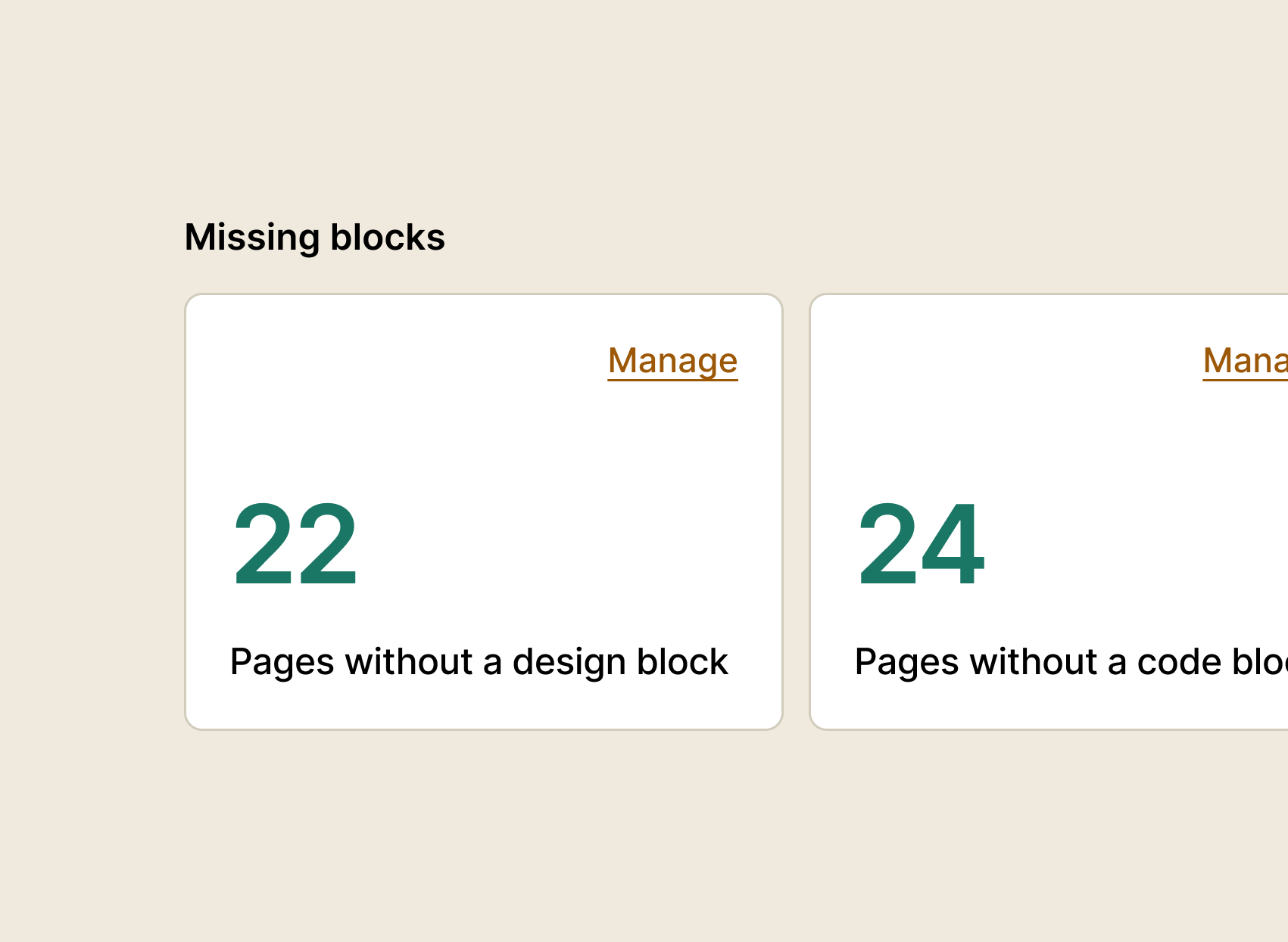 Dashboard display showing missing blocks with counts: 22 pages lacking a design block and 24 pages lacking a code block, along with management options.