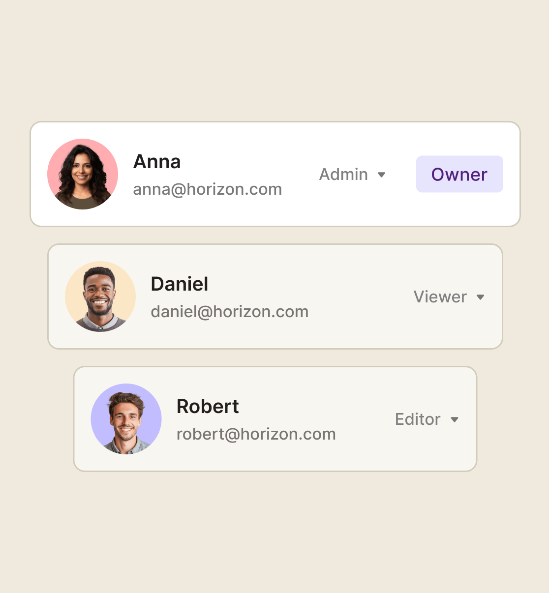 User roles and email addresses displayed in a clean interface with three individuals: Anna as Admin and Owner, Daniel as Viewer, and Robert as Editor.