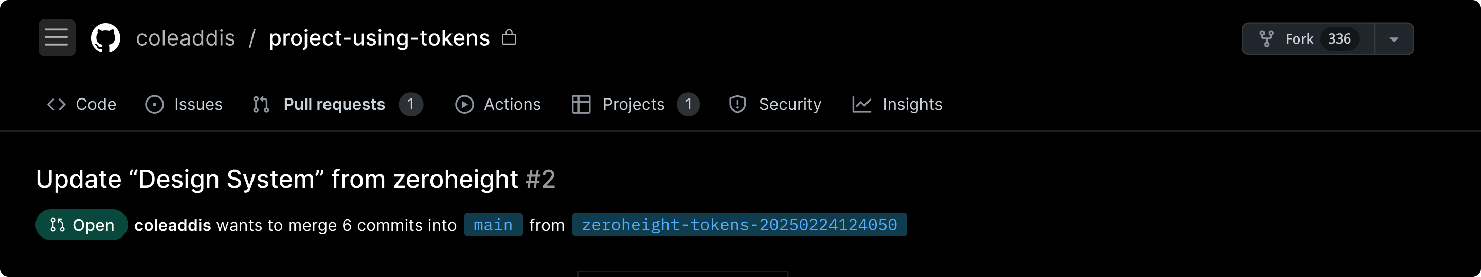 Screenshot of a GitHub pull request titled "Update Design System" from user coleaddis, showing an overview of commits being merged into the main branch from the zeroheight-tokens branch. The interface includes options for code, issues, and project insights.
