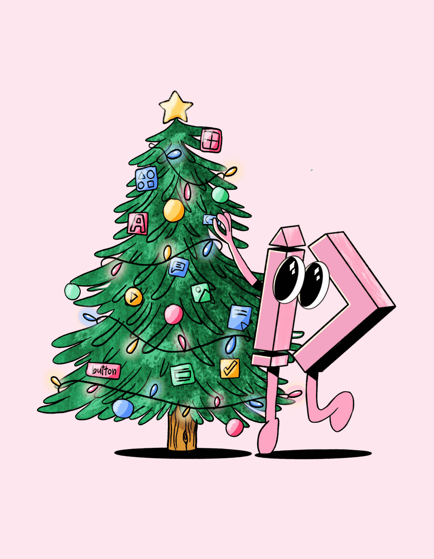 A whimsical pink character playfully interacts with a decorated Christmas tree, adorned with colorful ornaments and lights, against a soft pink background. The tree features various icons and a star on top, creating a festive holiday scene.