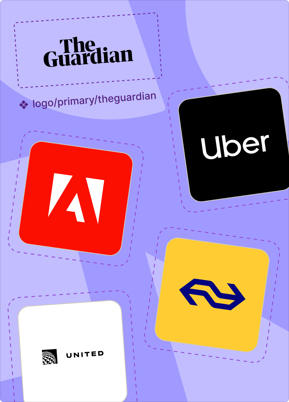 Examples of existing Enterprise Design System Customers - The Guardian, Adobe, Uber, United Airlines, and NS (Dutch Railways) on a purple background, highlighting their distinct designs and color schemes.