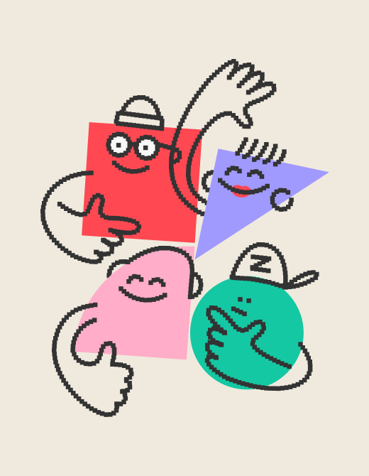 Colorful abstract characters with playful expressions and gestures, set against a light background, featuring geometric shapes like squares, triangles, and circles. Ideal for creative and artistic themes.