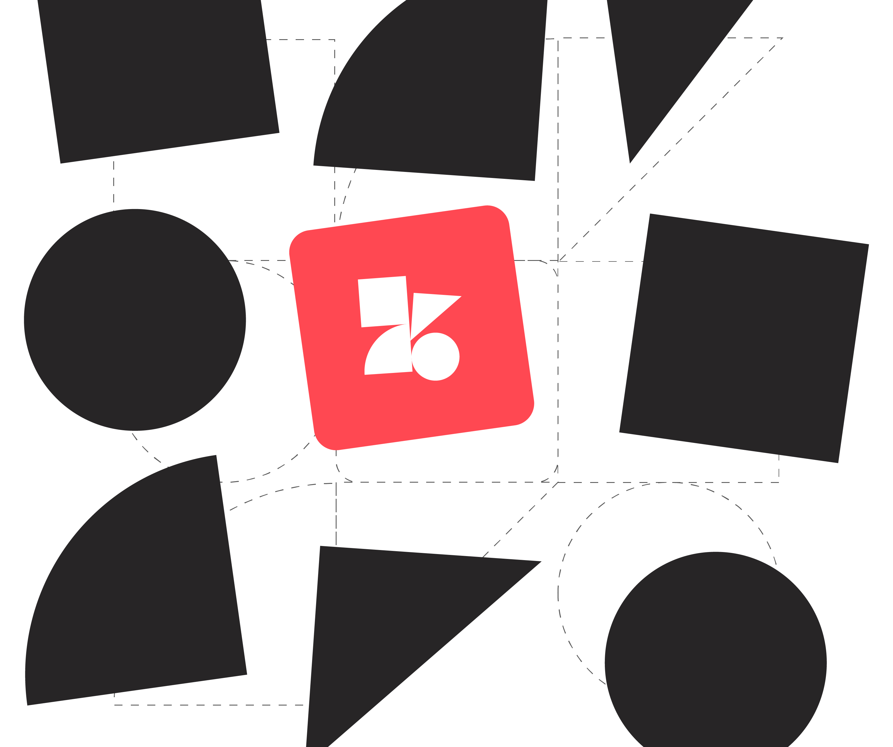 Abstract design featuring a central red square with a logo, surrounded by various black geometric shapes including circles, squares, and triangles. Ideal for showcasing modern branding or creative concepts.