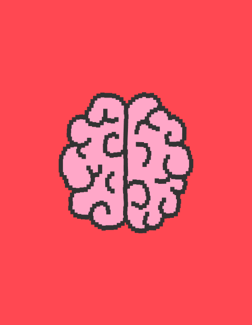 Pixel art illustration of a pink brain on a red background, symbolizing creativity and cognitive function.