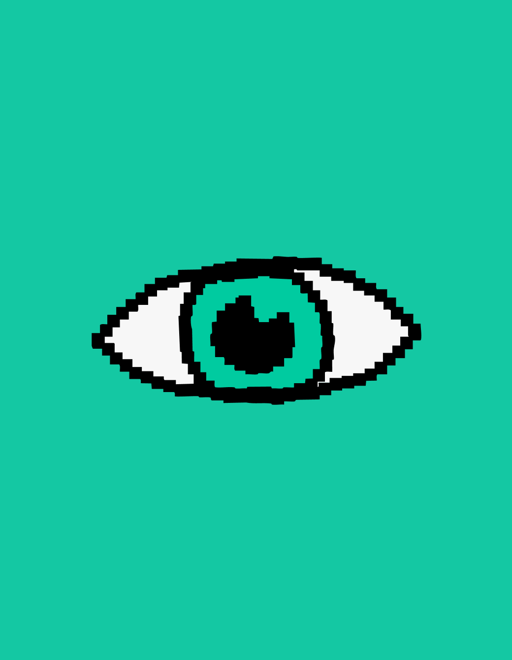 Pixel art depiction of a stylized eye with a turquoise iris and black pupil, set against a bright teal background.