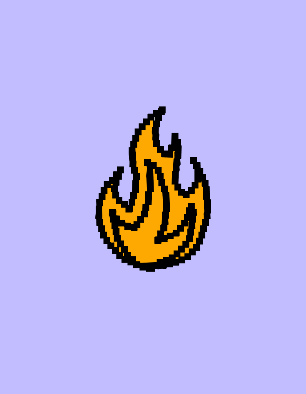 Pixel art depiction of a stylized orange flame on a light purple background, symbolizing energy and warmth.